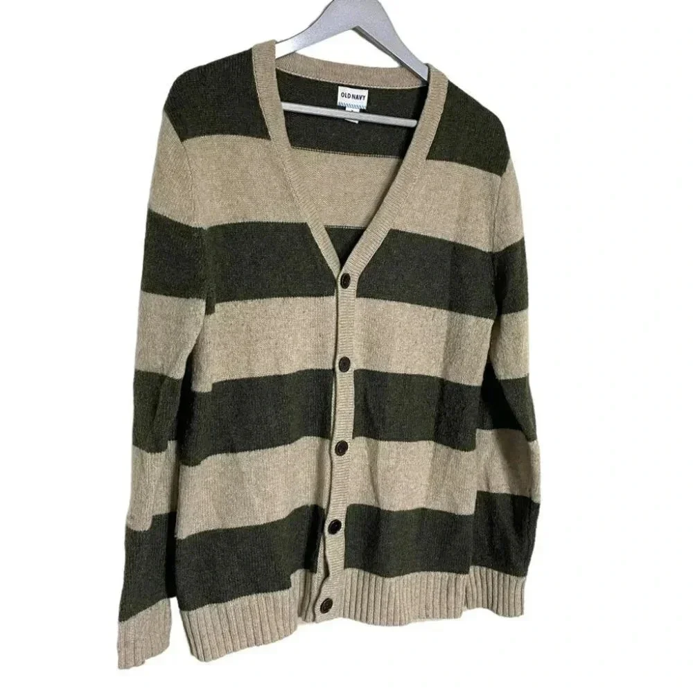 Old Navy Cardigan Sweater Medium Green Beige Striped Wool Blend V-Neck Button Up